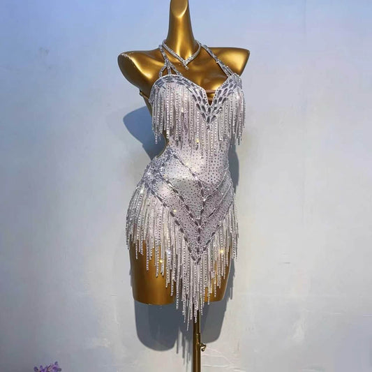 Customizable White Silver Glow Latin Dance Competition Dress