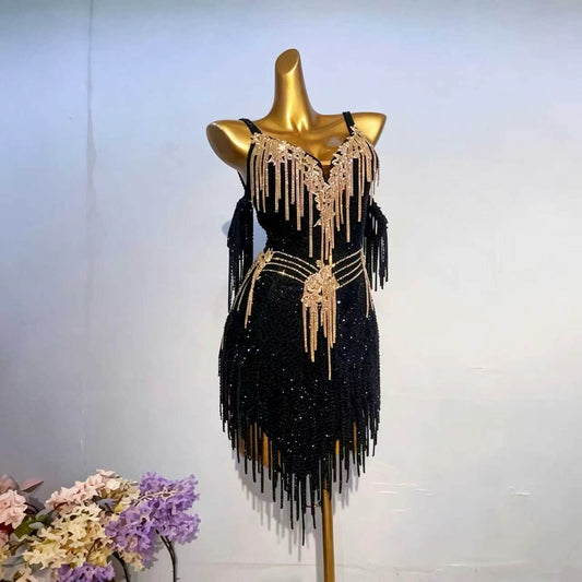 Customizable Black Gold Elegance Latin Dance Competition Dress
