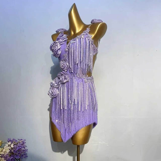 Customizable Lavender Floral Crystal Fringe Latin Competition Dress