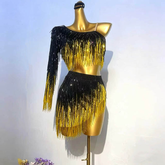 Customizable Gradient Black & Yellow Fringe Two-Piece Latin Dress