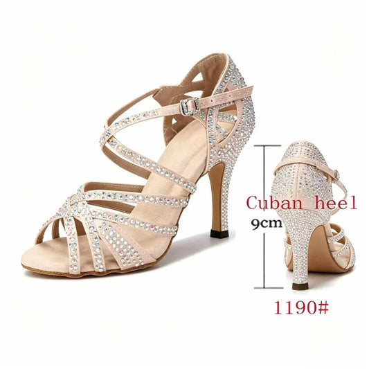 Nude Full Rhinestone Block Heel Latin Dance Shoes