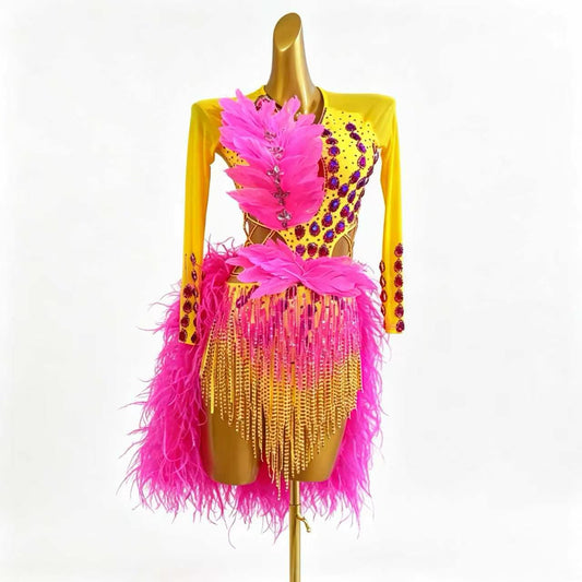 Custom Long Sleeve Feather Fringe Latin Competition Dress