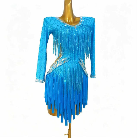 Custom Blue Long Sleeve Fringe Latin Competition Dress