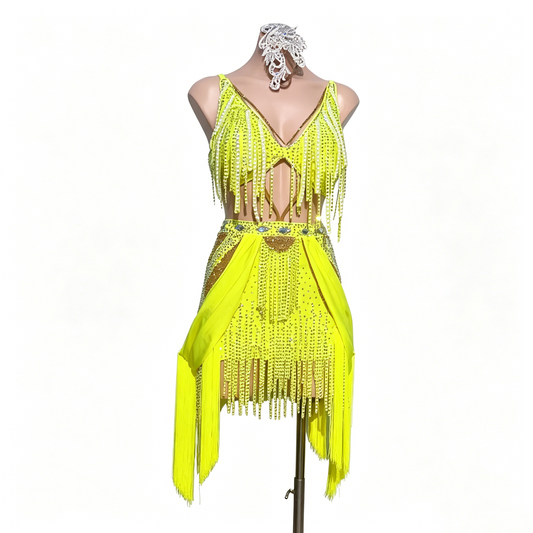 Custom Yellow Fringe Cutout Latin Competition Dress