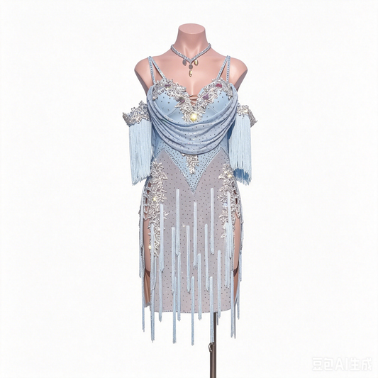Custom Ice Blue Rhinestone Fringe Latin Competition Dress