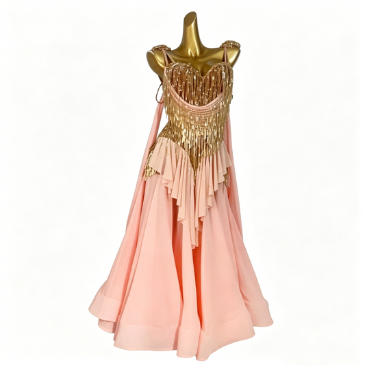 Custom Blush Gold Tassel Layered Ballroom Competition Dress
