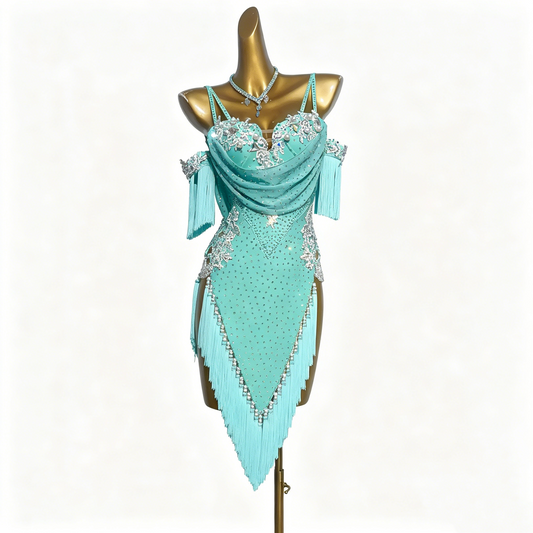 Custom Turquoise Off Shoulder Pearl Rhinestone Fringe Latin Competition Dress