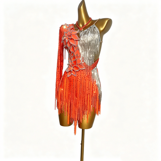 Custom Orange Silver Floral Rhinestone Fringe Latin Competition Dress