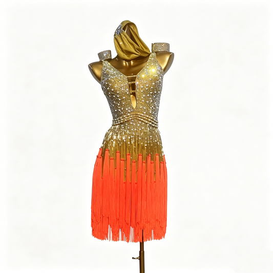 Custom Gold Orange Ombre Fringe Latin Competition Dress