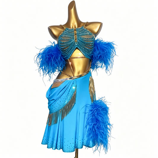 Custom Bright Blue Feather Gold Fringe Cutout Latin Competition Dress