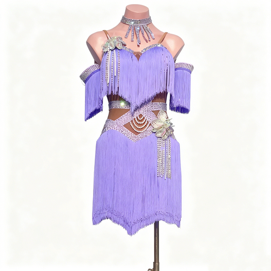 Custom Lavender Fringe Off Shoulder Latin Competition Dress