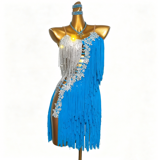 Custom Sky Blue Silver Lace Fringe Latin Competition Dress