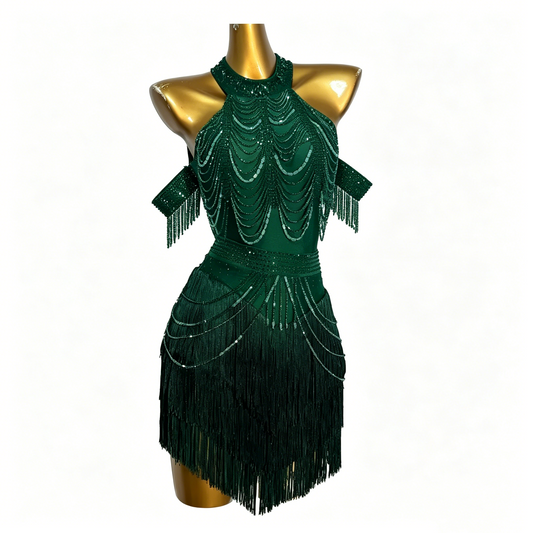 Custom Dark Green Halter Rhinestone Fringe Latin Competition Dress