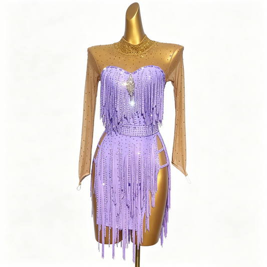 Custom Light Lavender Long Sleeve Mesh Cut Out Fringe Latin Competition Dress