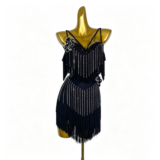 Custom V-Neck Black Tassel Rhinestone Latin Competition Dress