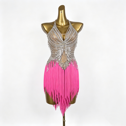 Custom Tiered Hot Pink Fringe Latin Competition Dress