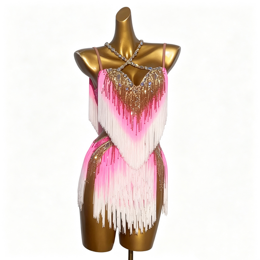 Custom Pink White Ombre Fringe Latin Dance Competition Dress