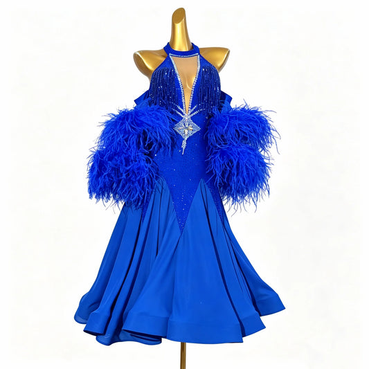 Custom Royal Blue Halter Feather Standard Ballroom Competition Dress