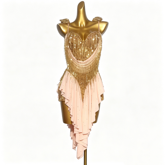 Custom Blush Pink Gold Fringe Latin Competition Dance Dress