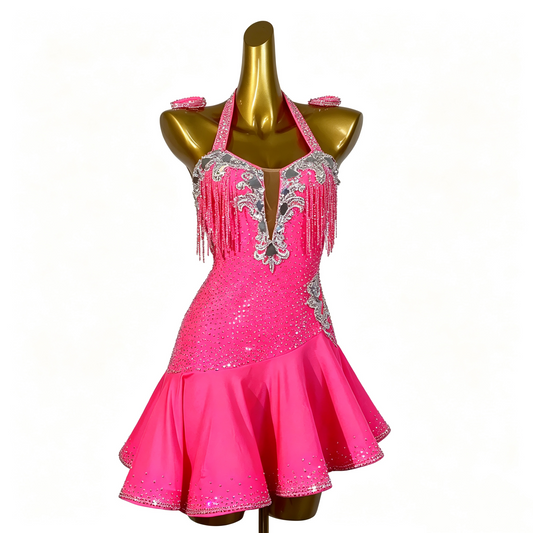 Custom Hot Pink Halter Rhinestone Fringe Latin Competition Costume