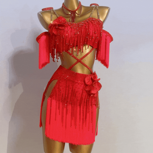 Customisable Crisscross Floral Fringe Latin Dance Competition Gown