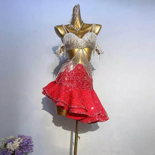 Custom Stage Ignite Fringe Rhinestone Latin Competition Dress