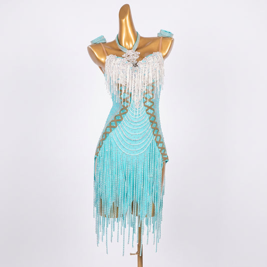 Custom Aqua Crystal Fringe Latin Competition Dress