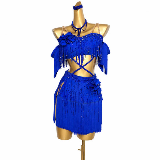 Custom Royal Blue Crisscross Floral Fringe Latin Competition Dress