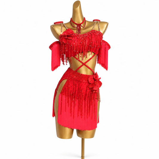 Customizable Crisscross Floral Fringe Latin Dance Competition Dress