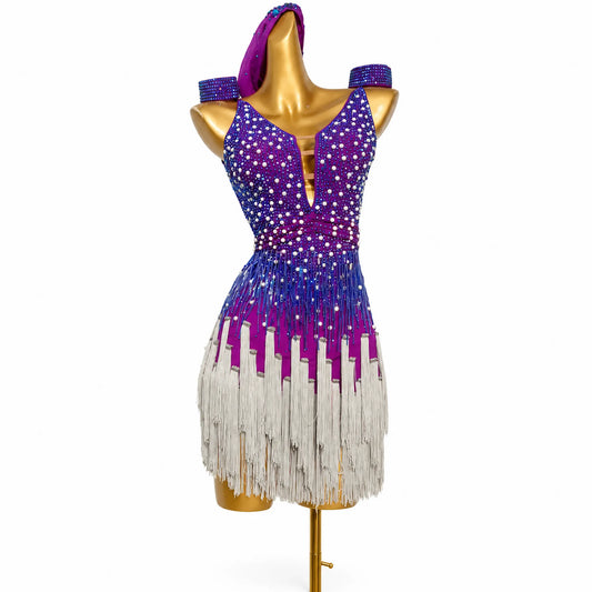 Custom Purple Ombre Fringe Latin Competition Dress