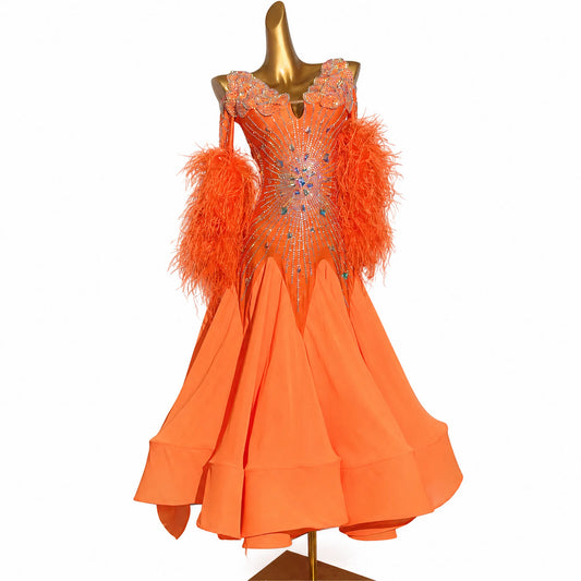 Customizable Feather Sleeve Crystal Ballroom Dance Competition Dress