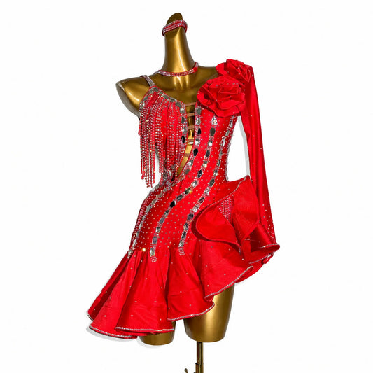 Custom Red Asymmetrical Ruffle Latin Dance Dress