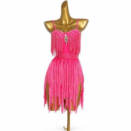 Custom Hot Pink Spaghetti Strap Stone Fringe Latin Competition Dress