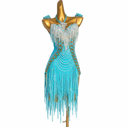 Custom Aqua Crystal Fringe Latin Competition Dress
