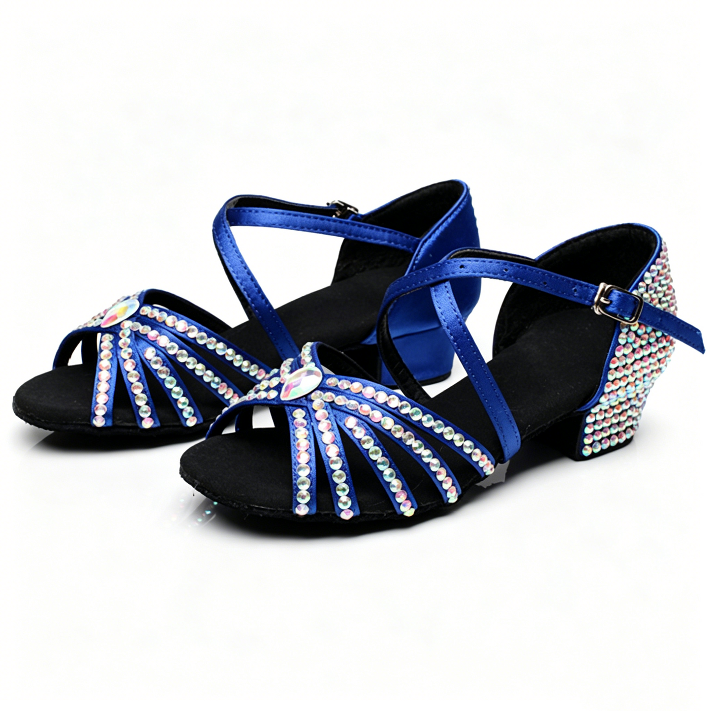 AB Rhinestone Block Heel Satin Latin Dance Shoes