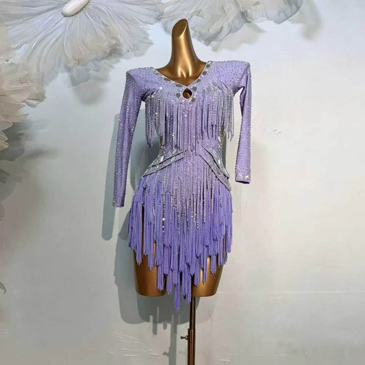 Customisable Lilac Sparkle Fringe Latin Performance Dress