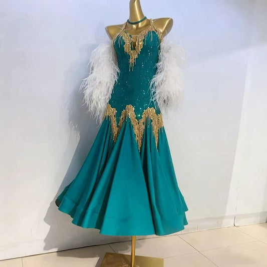 Custom Green Feather Sleeve Gold Crystals Ballroom Smooth Dance Dress