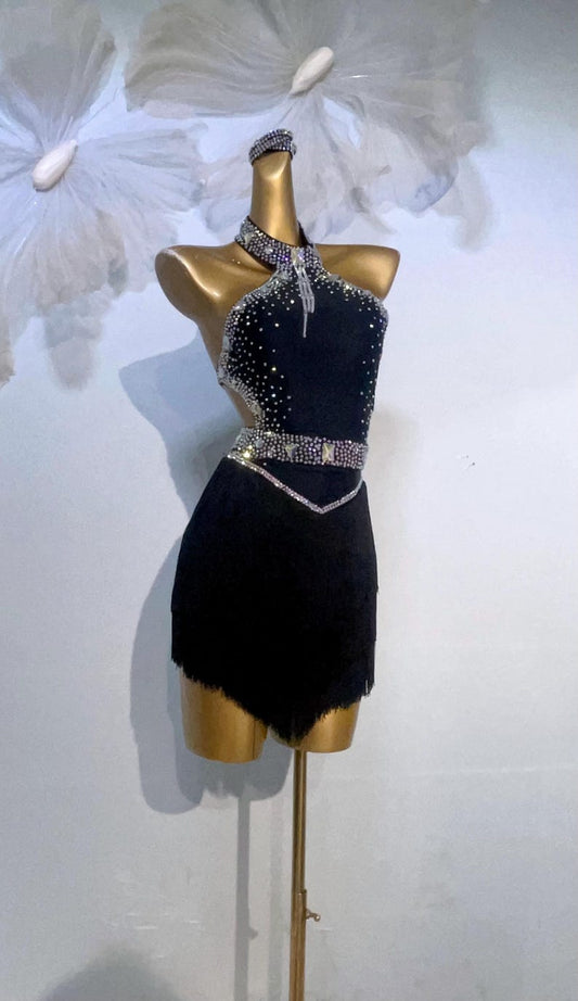 Custom Black Halter Rhinestone Fringe Latin Dance Competition Dress