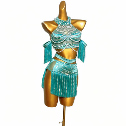 Custom Teal Pearl-Embellished Crystal Fringe Latin Dance Dress