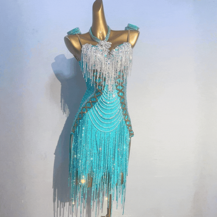 Customisable Light Blue Ornate Tassel Latin Dance Competition Dress