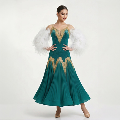 Custom Green Feather Sleeve Gold Crystals Ballroom Smooth Dance Dress