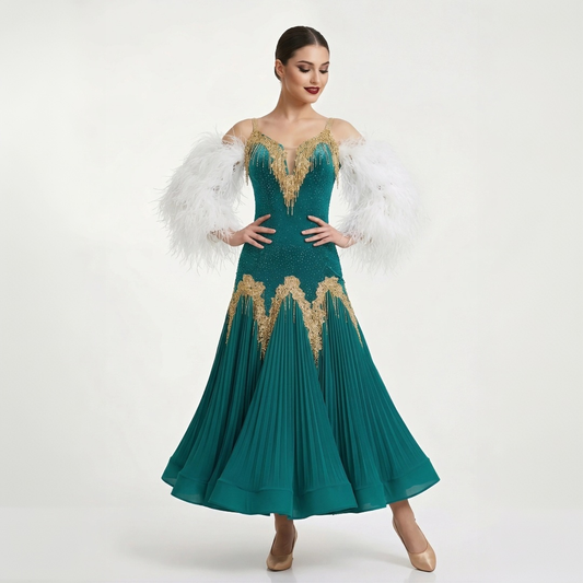 Custom Green Feather Sleeve Gold Crystals Ballroom Smooth Dance Dress