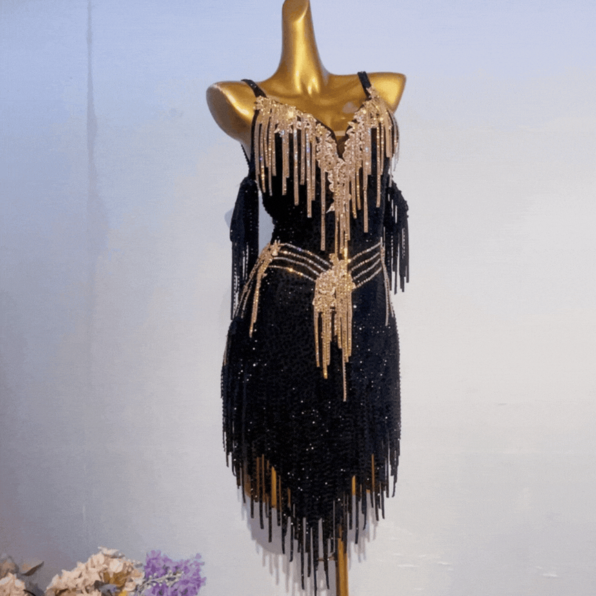 Customisable Black Gold Elegance Latin Dance Competition Dress