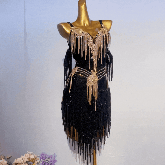 Customisable Black Gold Elegance Latin Dance Competition Dress