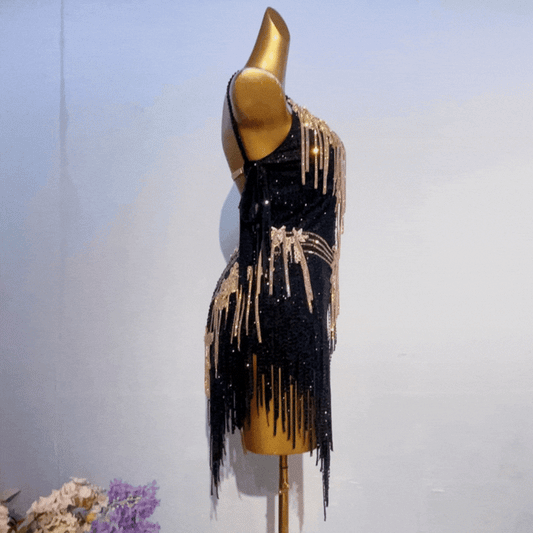 Customisable Black Gold Elegance Latin Dance Competition Dress