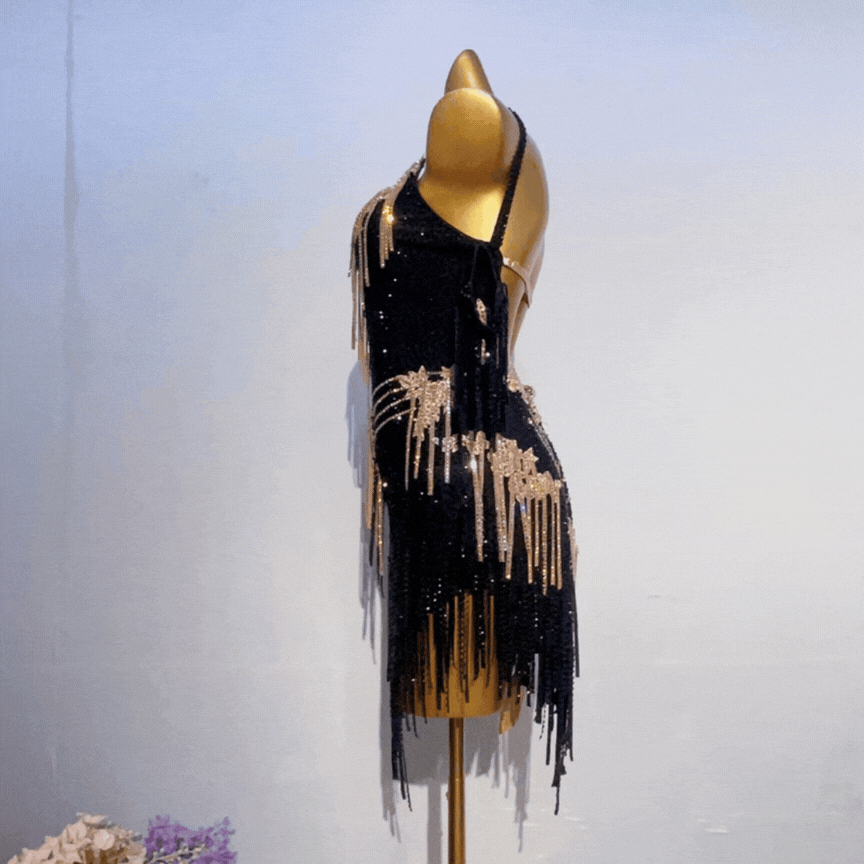 Customisable Black Gold Elegance Latin Dance Competition Dress