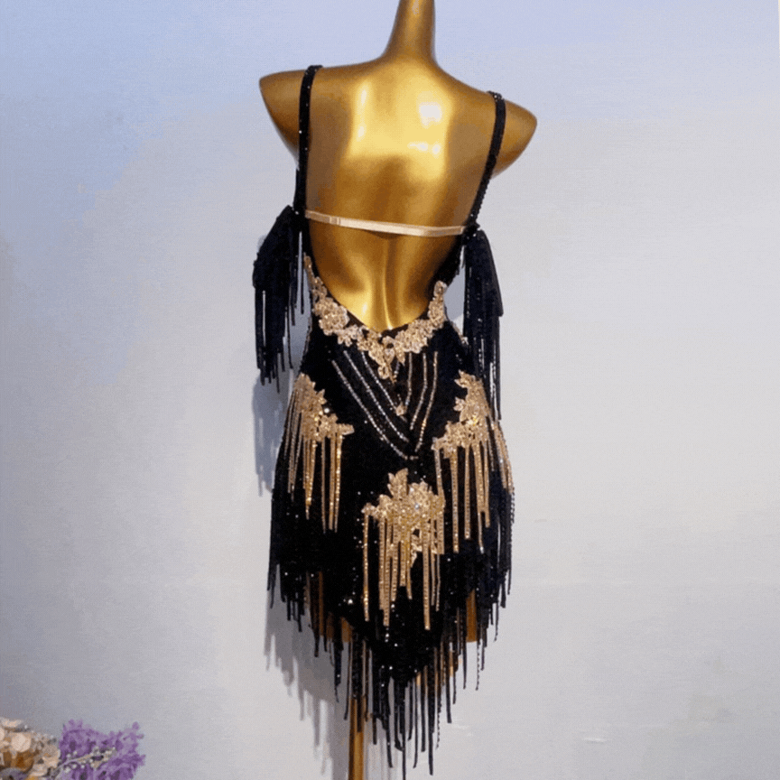 Customisable Black Gold Elegance Latin Dance Competition Dress