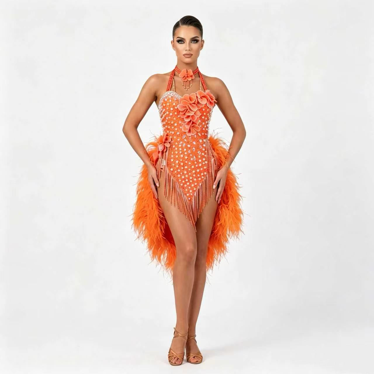 Custom Orange Feather Floral Latin Competition Dress