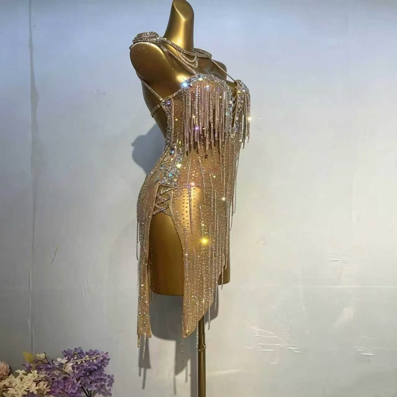 Customizable Gold Champagne Crystal Fringe Latin Dance Competition Dress