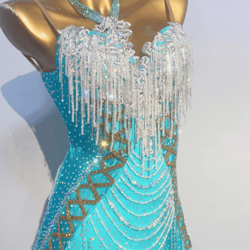 Customisable Light Blue Ornate Tassel Latin Dance Competition Dress